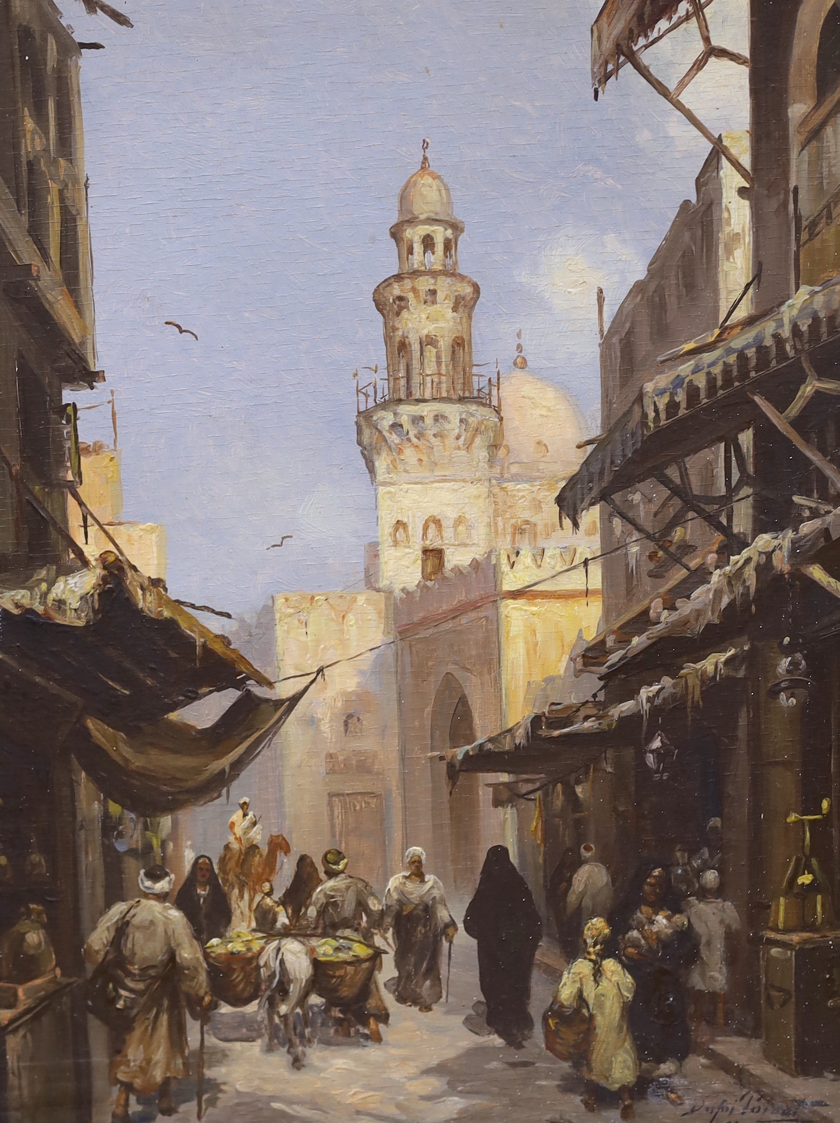 Dafni Poizet (20th. C), oil on board, Cairo street scene with figures, signed and inscribed, 37 x 27cm